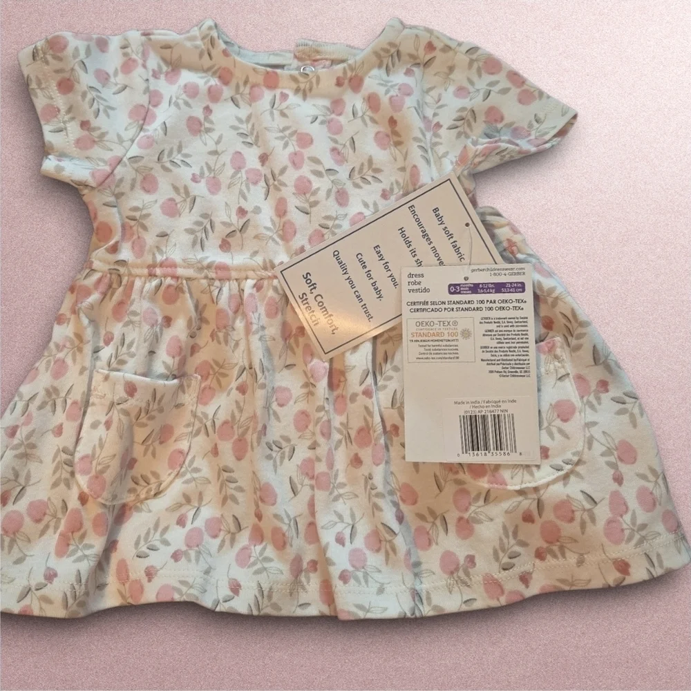 Gerber Peach Floral Dress with Pockets - Size 0-3 Mos NWT